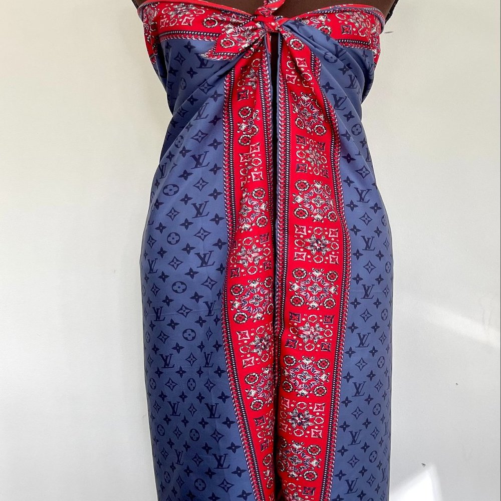 Louis Vuitton Wrap Monogram Logo Oversize Square Blue Silk Scarf - Picture 11 of 16